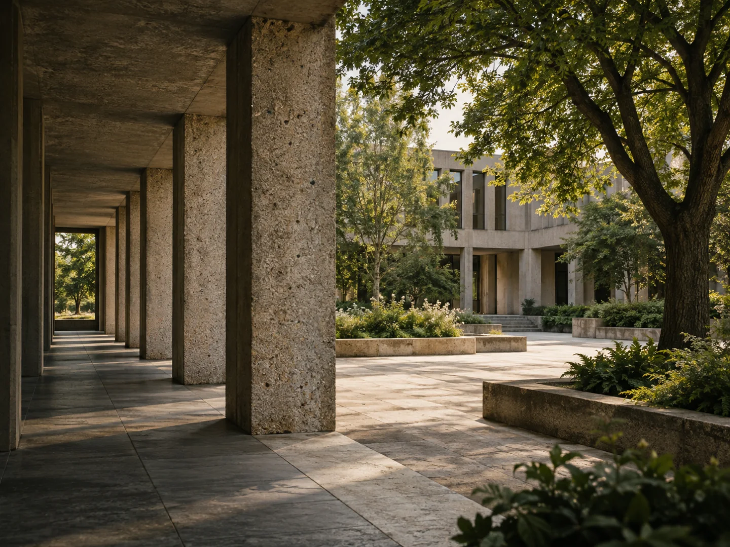 Illustrative architectural image of a concrete colonnade opening onto a planted courtyard